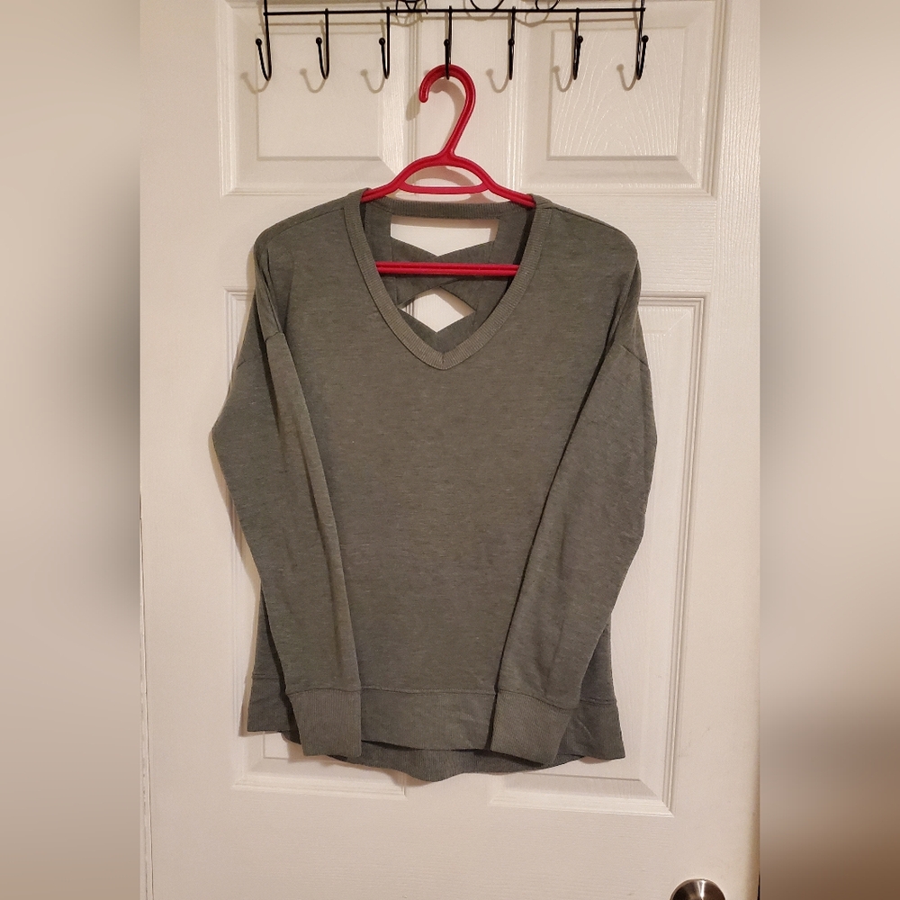 Women's Sage Green V-Neck Sweater With Criss Cross Cut Out